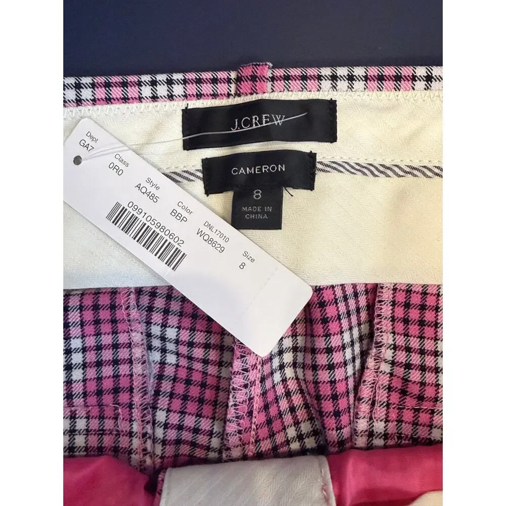 NWT J. Crew Cameron Slim Ankle Pant Pink Black Plaid Size 8 Preppy